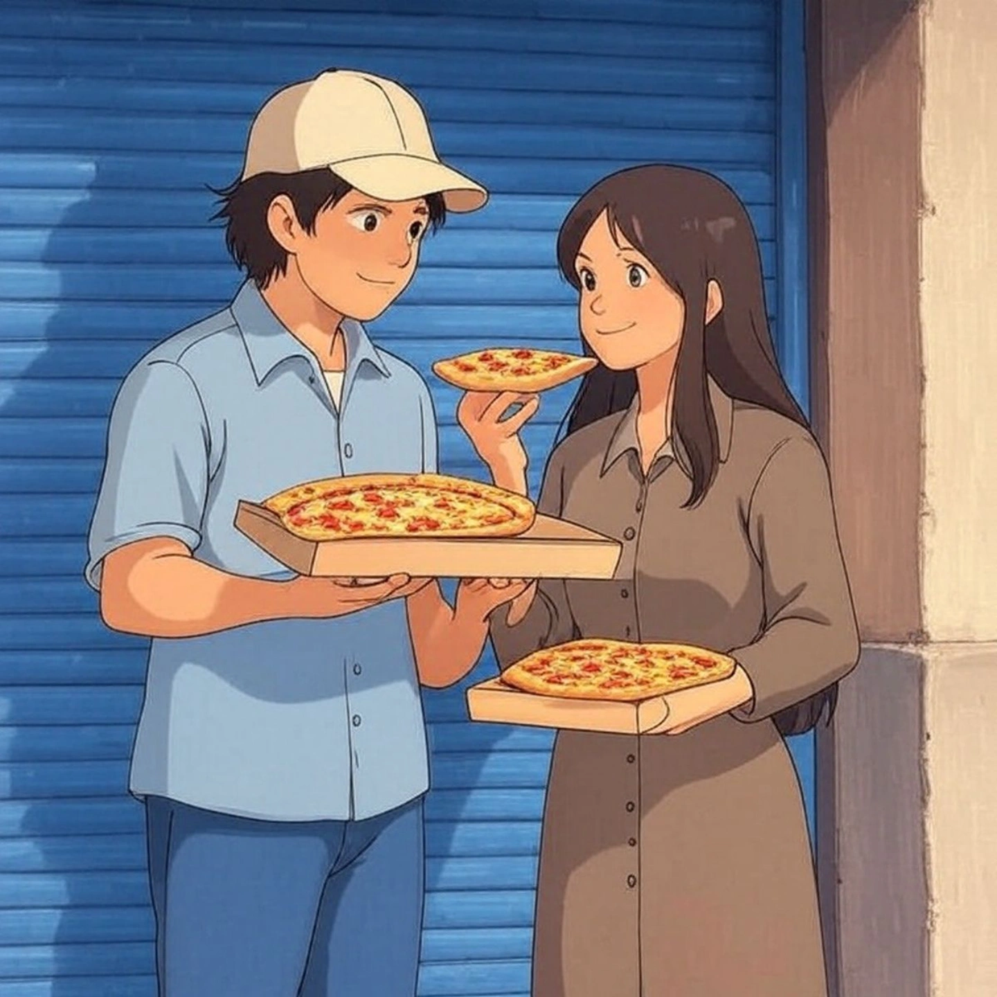 Illustrated portrait of the couple sharing pizza